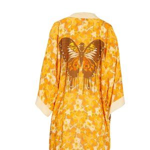 Butterfly Print Yellow Kimono Robe